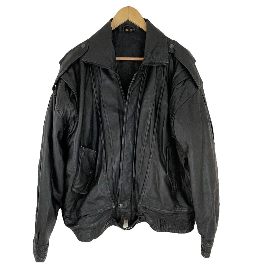 VTG 90s Retro Black Leather Men's Zipper Bomber Flight Motorcycle Jacket Sz M